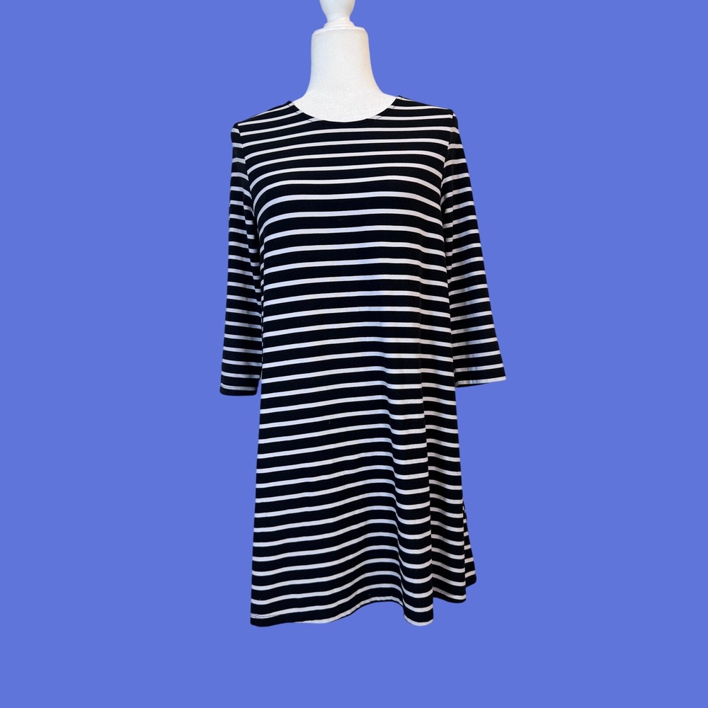 Bobbie Brooks Striped Dress Womens M Black White Excellent 3/4 Sleeve Keyhole